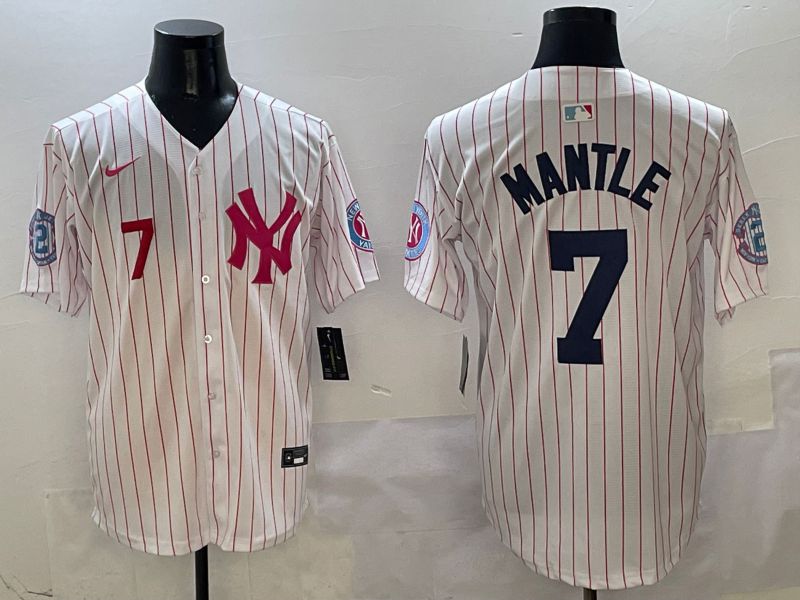 Men New York Yankees #7 Mantle White Stripe Jointly Name Nike 2025 MLB Jersey style 2